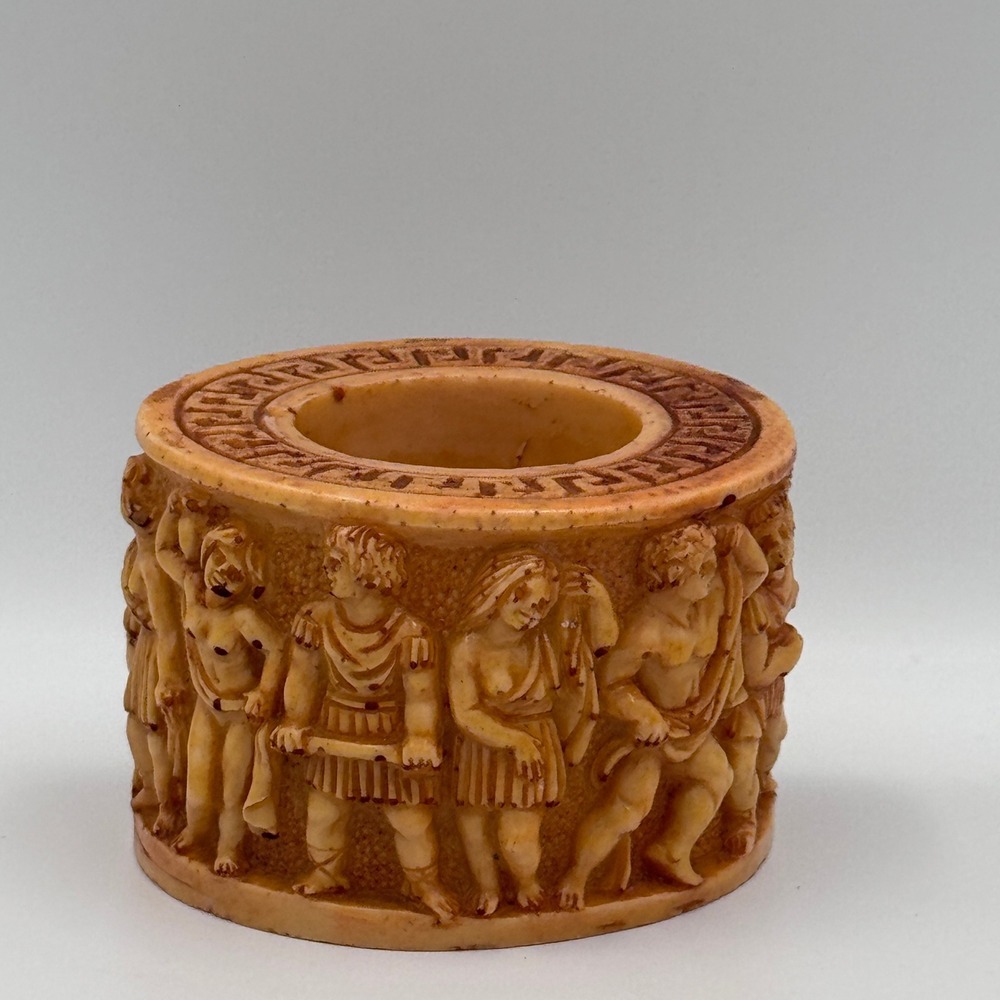 Greco-Roman Relief Carved Faux Bone Vessel Greek‎ Key Mythological Figure Decor